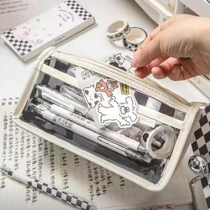 Waterproof Large Capacity Pencil Case Simple Transparent Checkerboard Pencil Bag