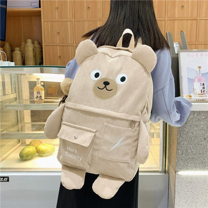 Corduroy Bear Backpacks Women Multi-pockets School Bags Backpack School Bag