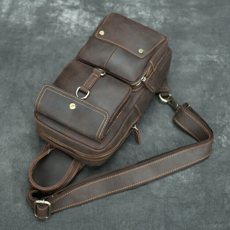 Men's Sling Backpack Crazy Horse Leather Large Capacity Chest Bag Crossbody Bag