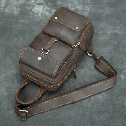 Men's Sling Backpack Crazy Horse Leather Large Capacity Chest Bag Crossbody Bag