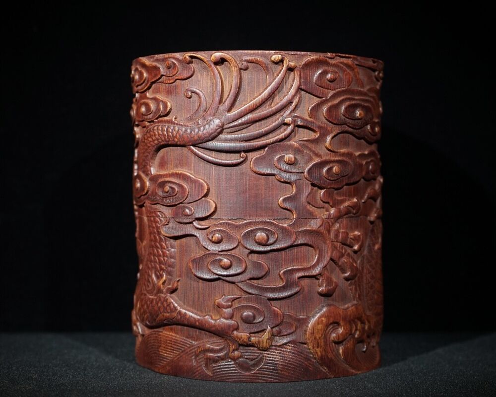 chinese bamboo carving antique carved brush pot pen case wood statue dragon Leo