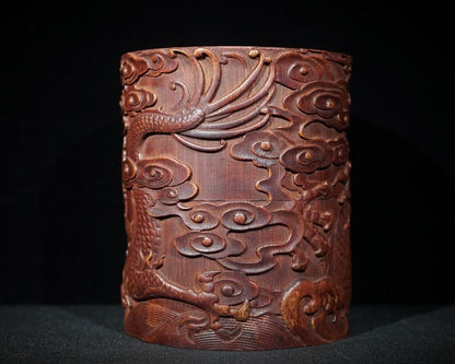 chinese bamboo carving antique carved brush pot pen case wood statue dragon Leo