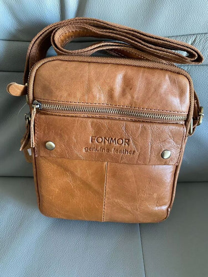 100% Genuine Leather Men's Sling Shoulder/Messenger Bag Double Zipper Brown Bag