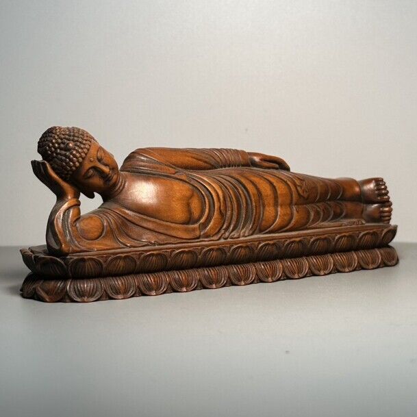 Vintage Chinese Boxwood Carving Reclining Buddha Statue Wooden Sculpture Artwork