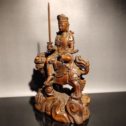 vintage wooden ornaments Wood carving Buddhism Maňjuśrī bodhisattva lion statue
