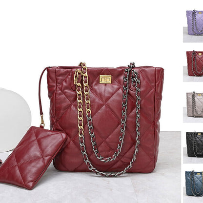 Quilted Sheepskin Leather Tote Shoulder Bag Purse Chain Handles Handbag Fashion-