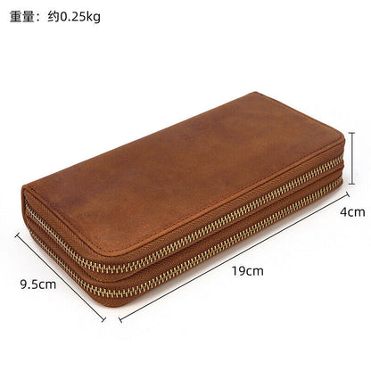 Top-Grain Leather Men's Clutch Bag, Double Zipper Long Wallets Retro Handbags