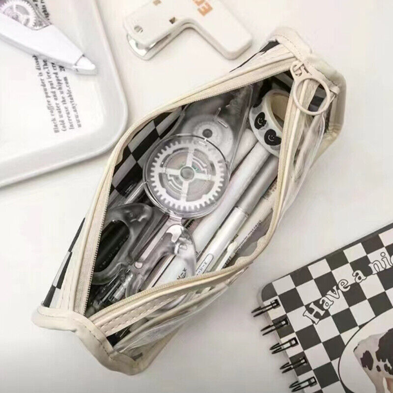 Waterproof Large Capacity Pencil Case Simple Transparent Checkerboard Pencil Bag