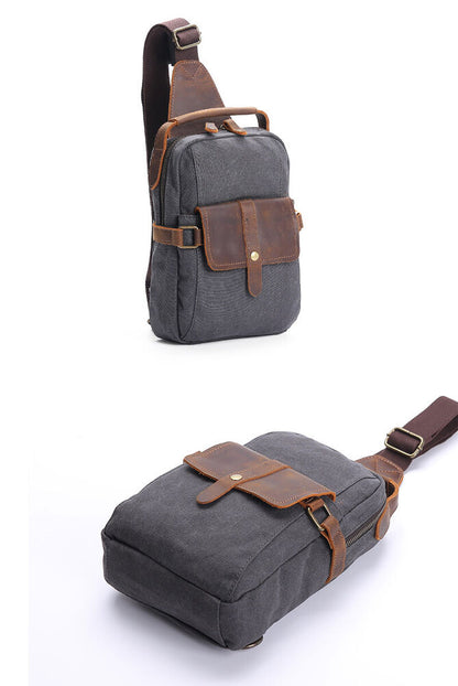 Canvas Real Leather Sling Bag One Strap Backpack Rucksack Chest Pack Vintage