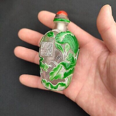 chinese carved snuff bottle glass frog lotus flower bird overlay snuffbox nice