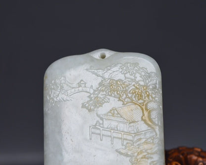 Chinese Natural Hetian Jade Carved Landscape Statues Exquisite Pendant Jewelry