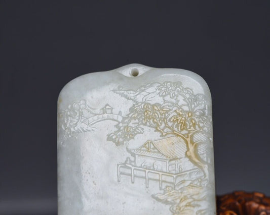 Chinese Natural Hetian Jade Carved Landscape Statues Exquisite Pendant Jewelry