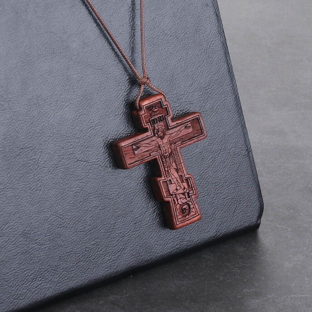 Wooden Cross Jesus Christ Religious Crucifix Christian Orthodox Pendant Necklace