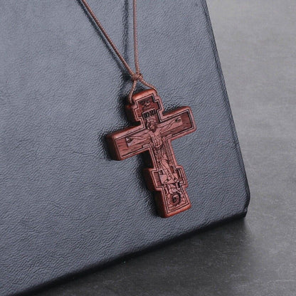Wooden Cross Jesus Christ Religious Crucifix Christian Orthodox Pendant Necklace