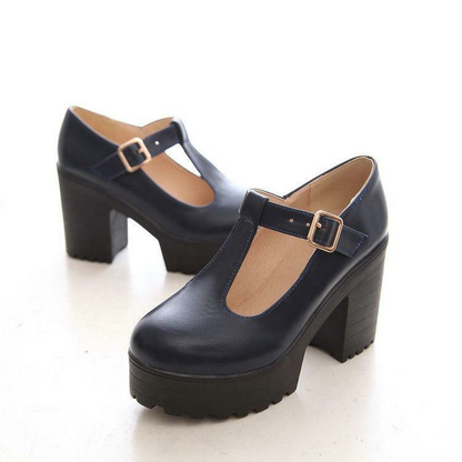 Women's Chic Chunky Heels High Platform Mary Jane Ankle T-Strap Punk Shoes Solid