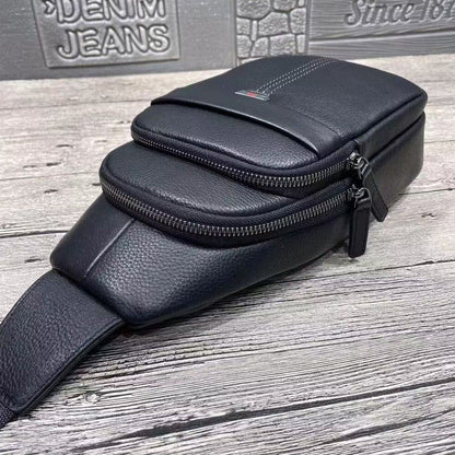 Top Soft Cow Leather Black Sling Backpack, Mens Casual Crossbody Bag for Hiking