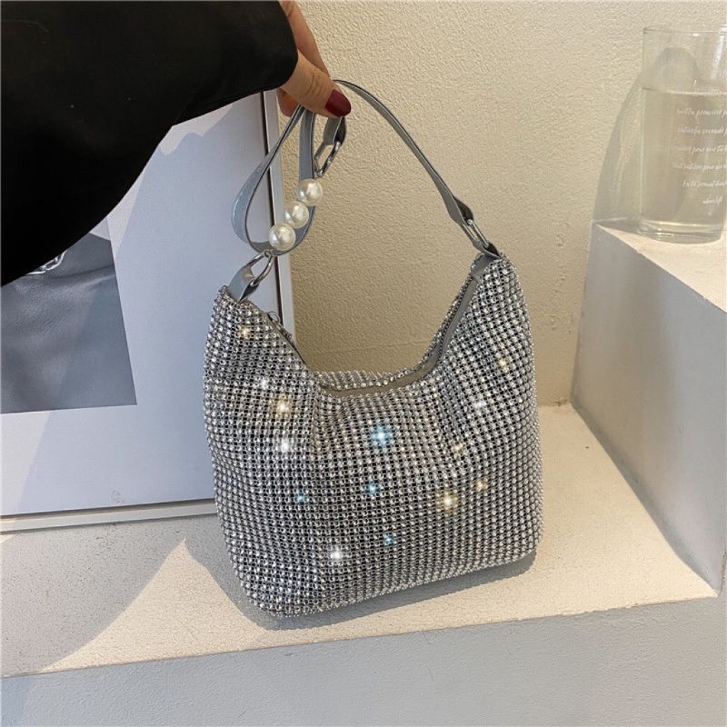 Fashion Rhinestone Square Bag Messenger Pearl Chain Shoulder Bags Purse Square