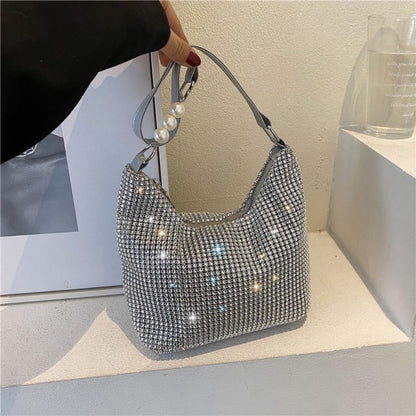 Fashion Rhinestone Square Bag Messenger Pearl Chain Shoulder Bags Purse Square