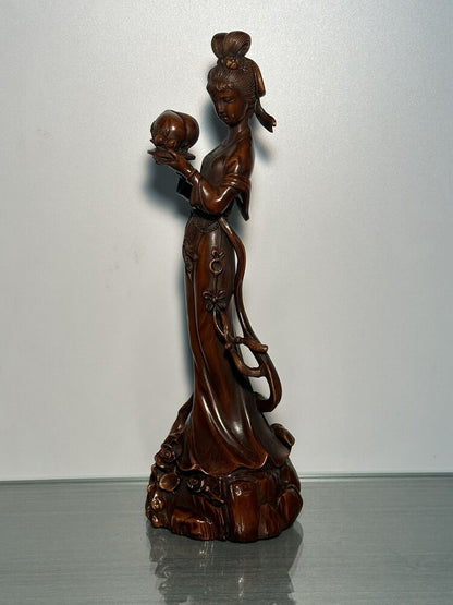Old Chinese Boxwood Carving Pretty Woman Statue Woodwork Sculptures Collection