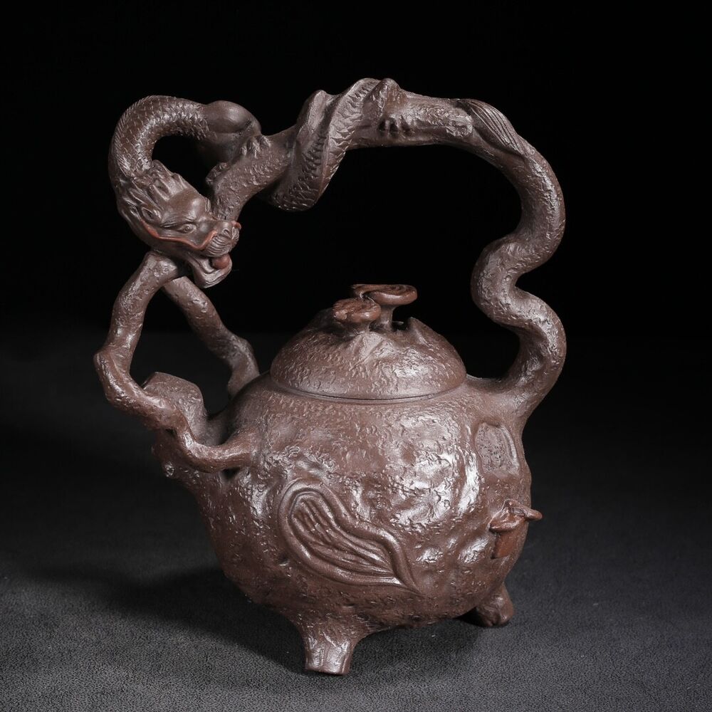 Vintage Chinese Yixing Purple Clay Teapot Zisha Ceramic Carving Dragon Teaware