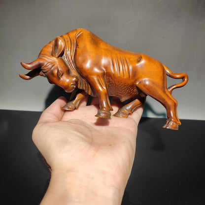 Chinese Boxwood Carving Wealthy Cow Bull Cattle Ox Statue Indoor Home Decor Gift