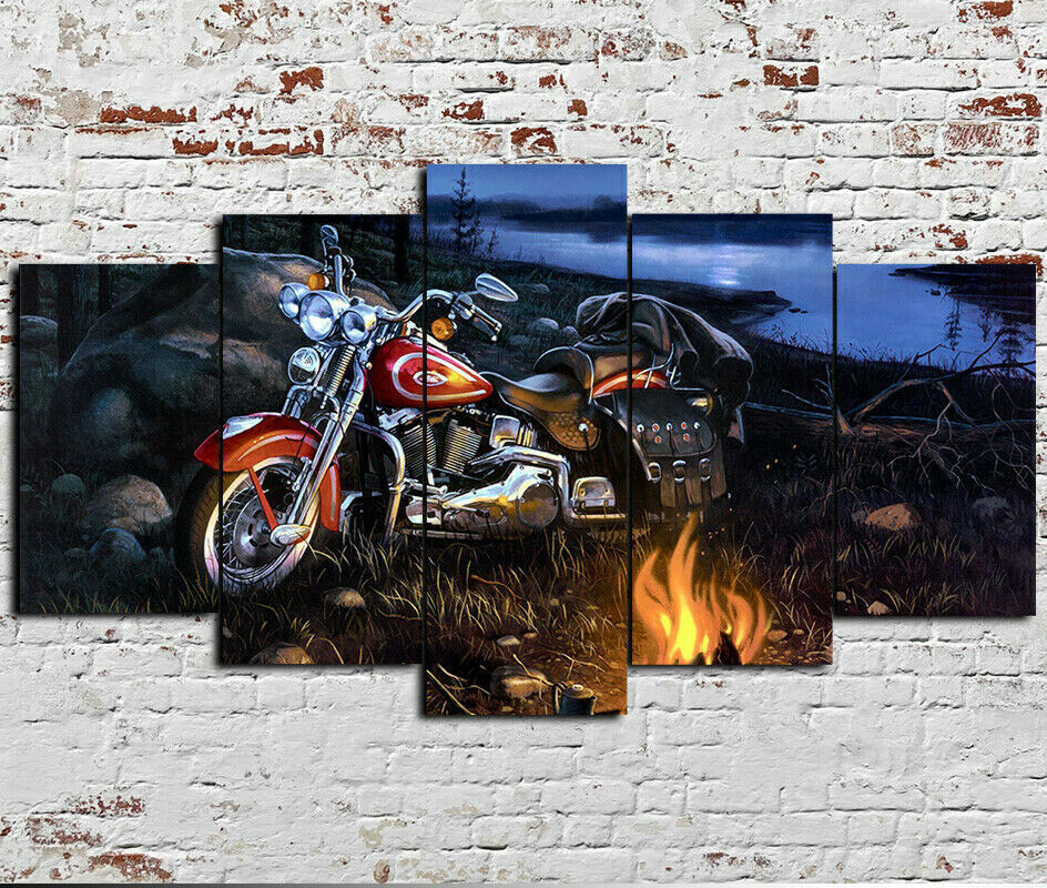 Motorcycle Camping Painting 5 Panel Canvas Print Wall Art Poster Home Decoratio