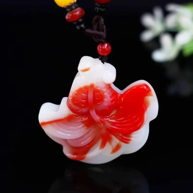 New Natural Jade Red White Hand Carved Goldfish Pendant Jewelry Necklaces