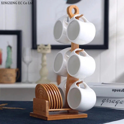 Ceramic Coffee Cup Household Mug Hanging Water Cup Set Kitchen Tea Set Bamboo