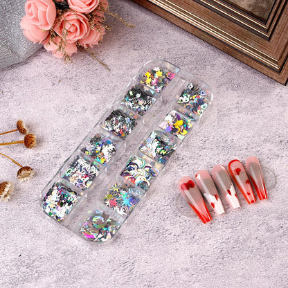 Nail Glitter Polish 12 Grids Colorful Mirror Effect Shimmer Pearl Powder Pigment