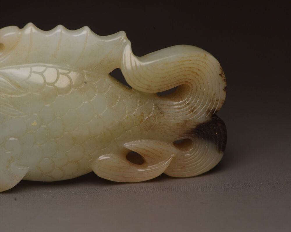 Old Peking Chinese Hetian Jade Carving Dragon Fish Statue Unique Wonderful Art