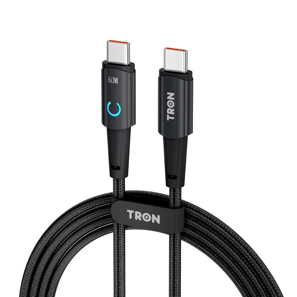 TRON USB C to C Braided Charger Cable - Black & White, 6FT, with LED Light