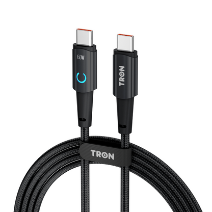 TRON USB C to C Braided Charger Cable - Black & White, 6FT, with LED Light