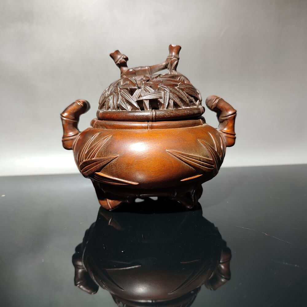 vintage Boxwood Tripod Censer buddha incense holder bamboo carved statue antique