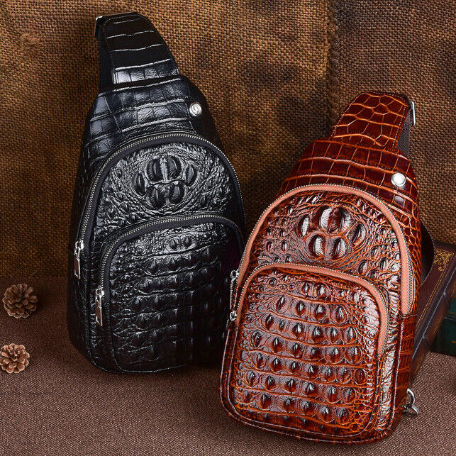 Sling Backpack Men's Genuine Leather Crocodile Crossbody Chest Bag Sport Daypack