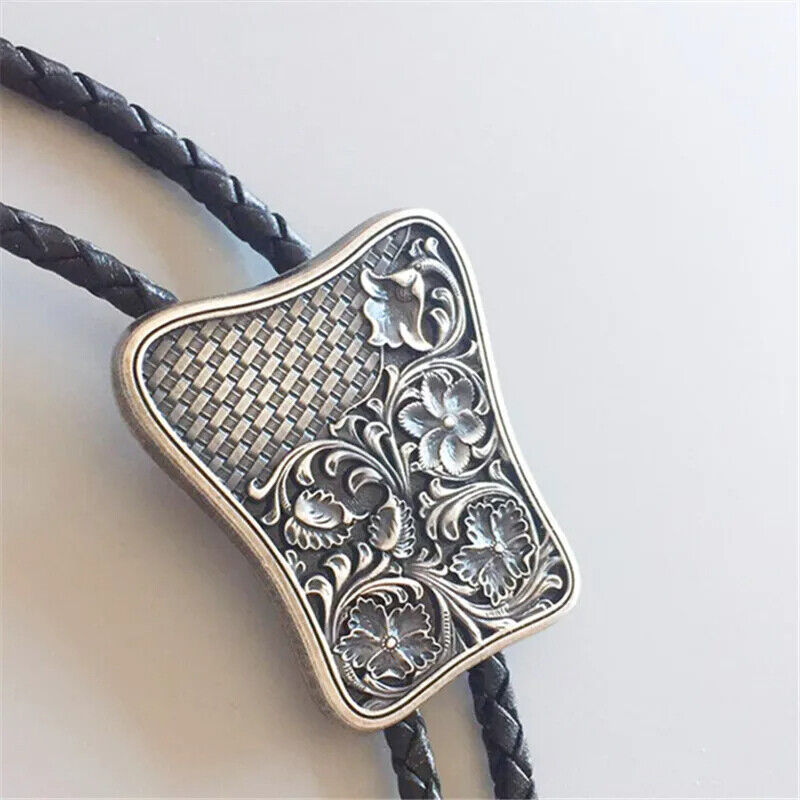Men Bolo Tie Western Style Leather Chain Carving Pattern Pendant Necktie 4x106cm