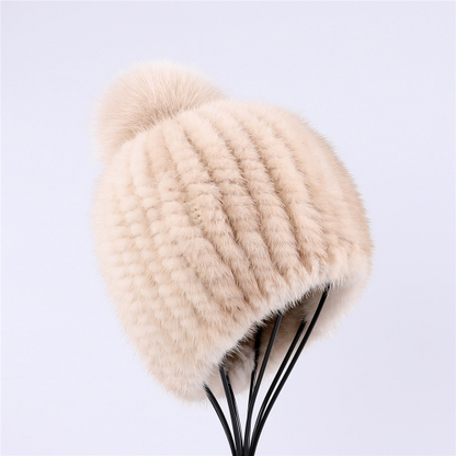 Real Mink Fur Hat Women Knitted Beanie Cap with Fur Pom Poms Thick Cap Elastic