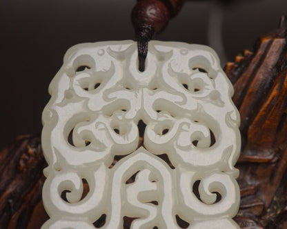 Chinese Natural Hetian Jade Carving Dragon Phoenix Lucky Jade Pendant Jewelry