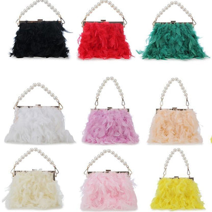 Luxury Real Feather Purse Handbag Clutch Shoulder Bags Pearl Chain 20*5*18 CM