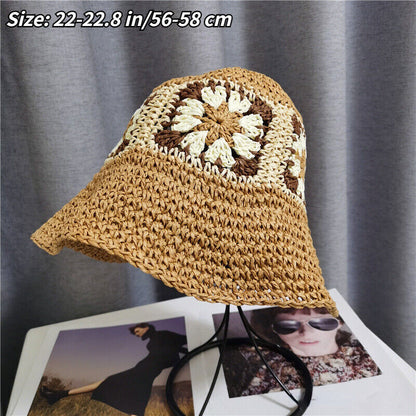 Womens Girls Crochet Bucket Hat Fisherman Sun Cap Floppy Wide Brim Straw Hat
