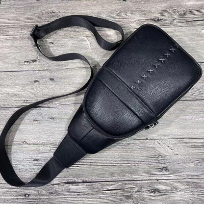 Soft Cow Leather Black Crossbody Chest Bag Hiking Sling Backpack Shoulder Bag