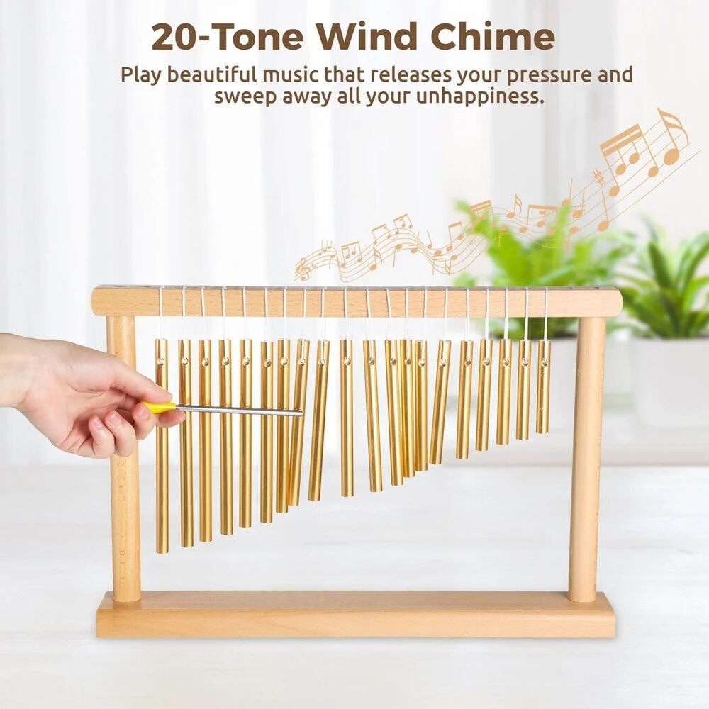 Wind Chime 20-Tone Single-Row Top Golden Metal Bars Instruments W/ Mallet Decor