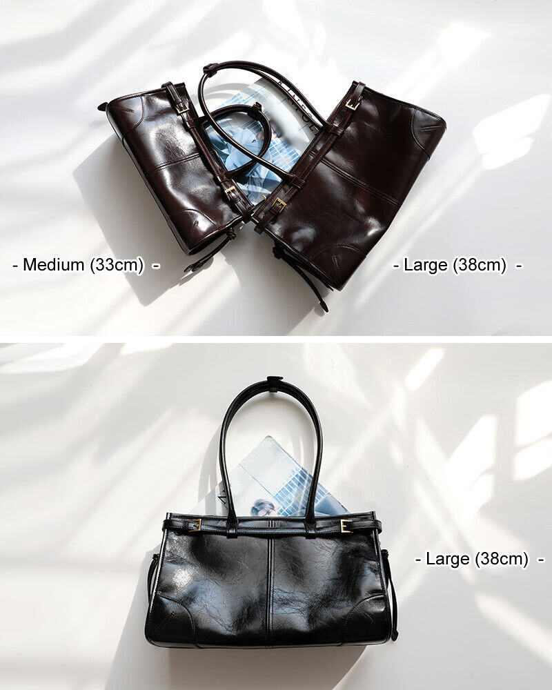 33/38cm Glossy Real Leather Satchel Shoulder Bag Purse Work Handbag Tote Fashion