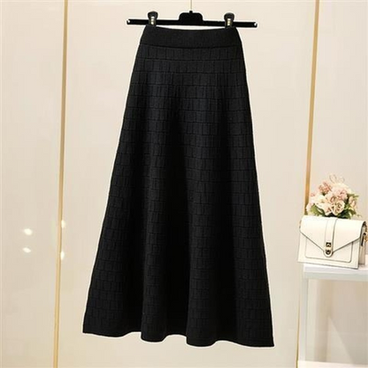 Elastic High Waist Knitted Skirt Women Plaid Solid Color A-line Bag Hip Skirt