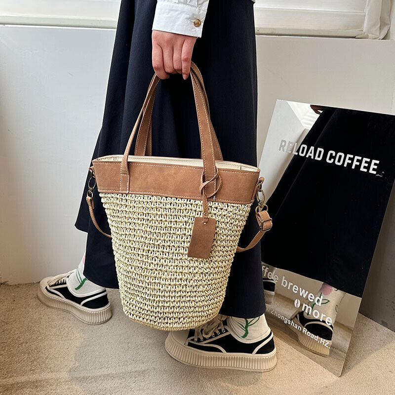 Women Zipper Weave Bag Travel Beach Bags Handmade Lady Crossbody Bag Handle