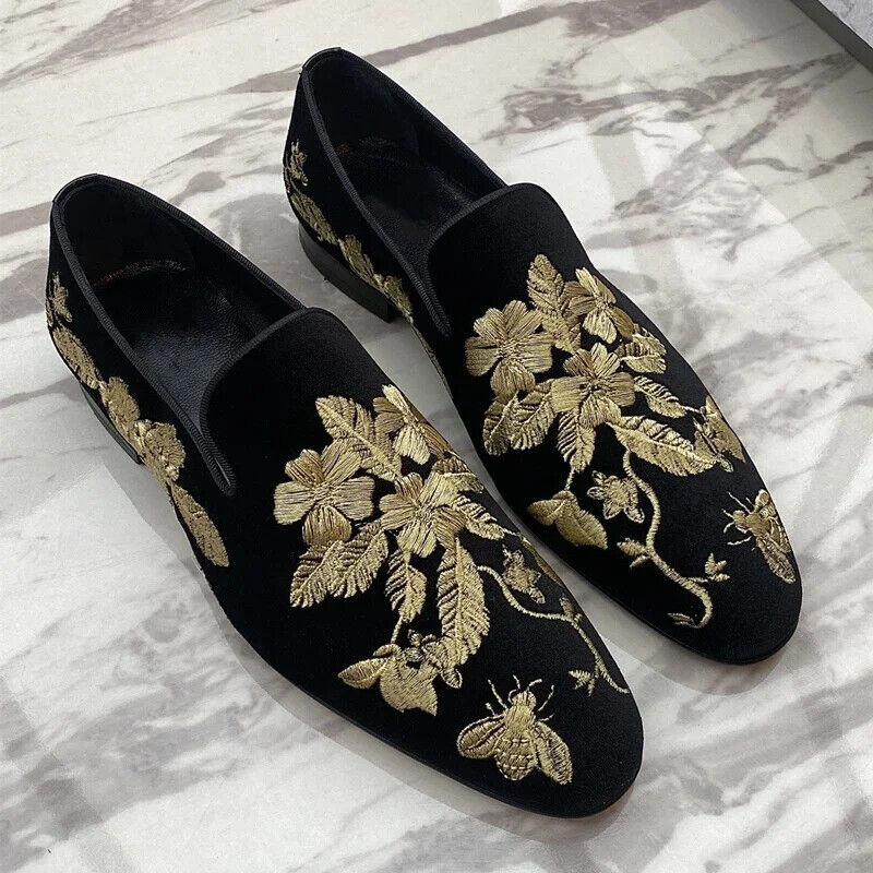 Loafers Men Shoes Black Embroidery Flower Business Casual Shoes