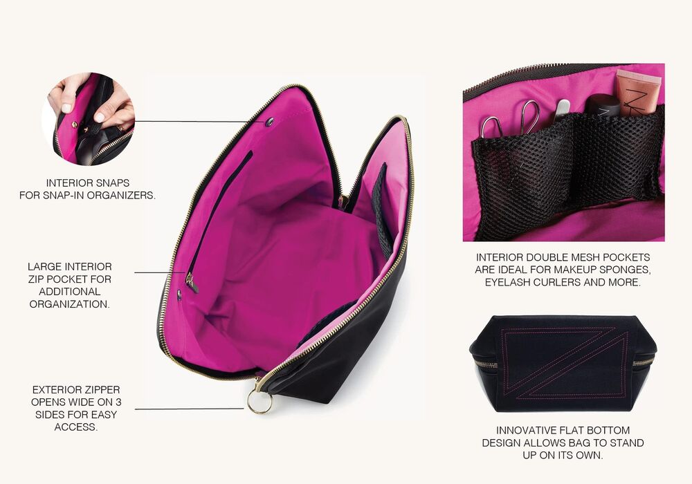 KUSSHI Washable Travel Makeup & Signature (Medium) Bag, Satin Black/Pink