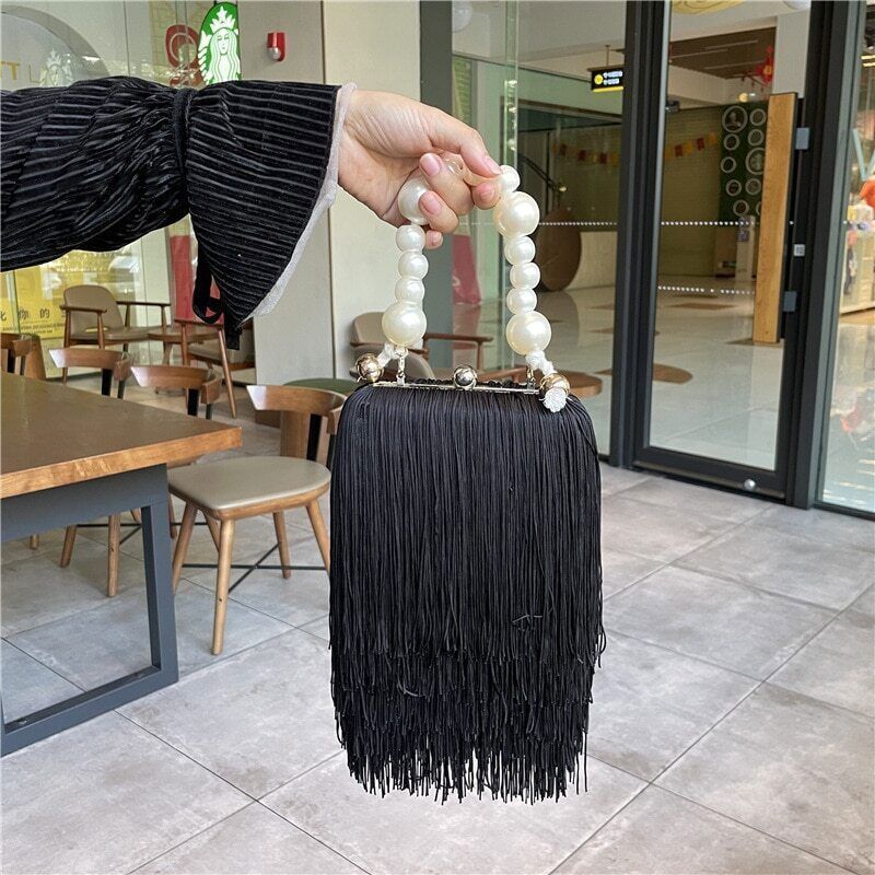 Tassel Square Bag Female Pearl Chain Handbag Long Tassel Bag Black Evening Bag