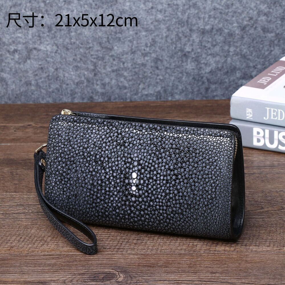 Cowhide Leather Men's Clutch Bag, Desinger Pearl Fish Skin Pattern Long Wallets