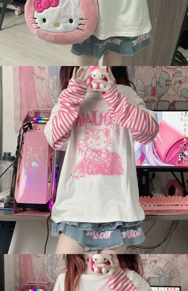 Japanese sweet loose Kawaii cute Hello Kitty blouse long-sleeved T-shirt women