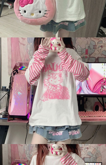 Japanese sweet loose Kawaii cute Hello Kitty blouse long-sleeved T-shirt women